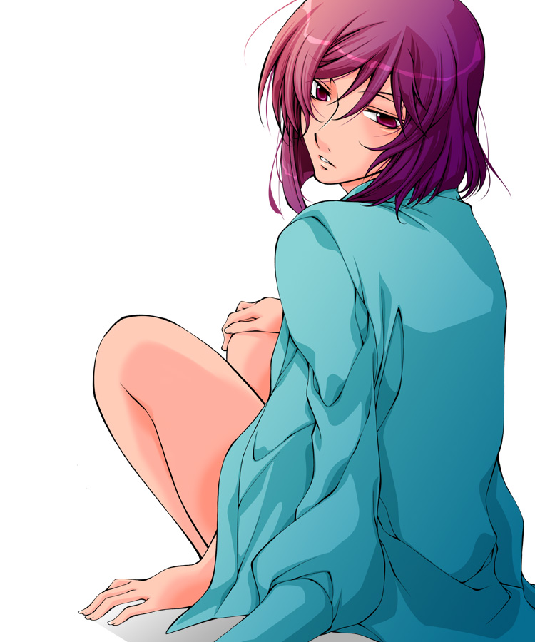 haruka (silk jasmine), tieria erde, gundam, gundam 00, bad id, bad pixiv id, 00s, 1boy, androgynous, bare legs, cardigan, looking back, male focus, purple eyes, purple hair, short hair, sitting, solo, trap