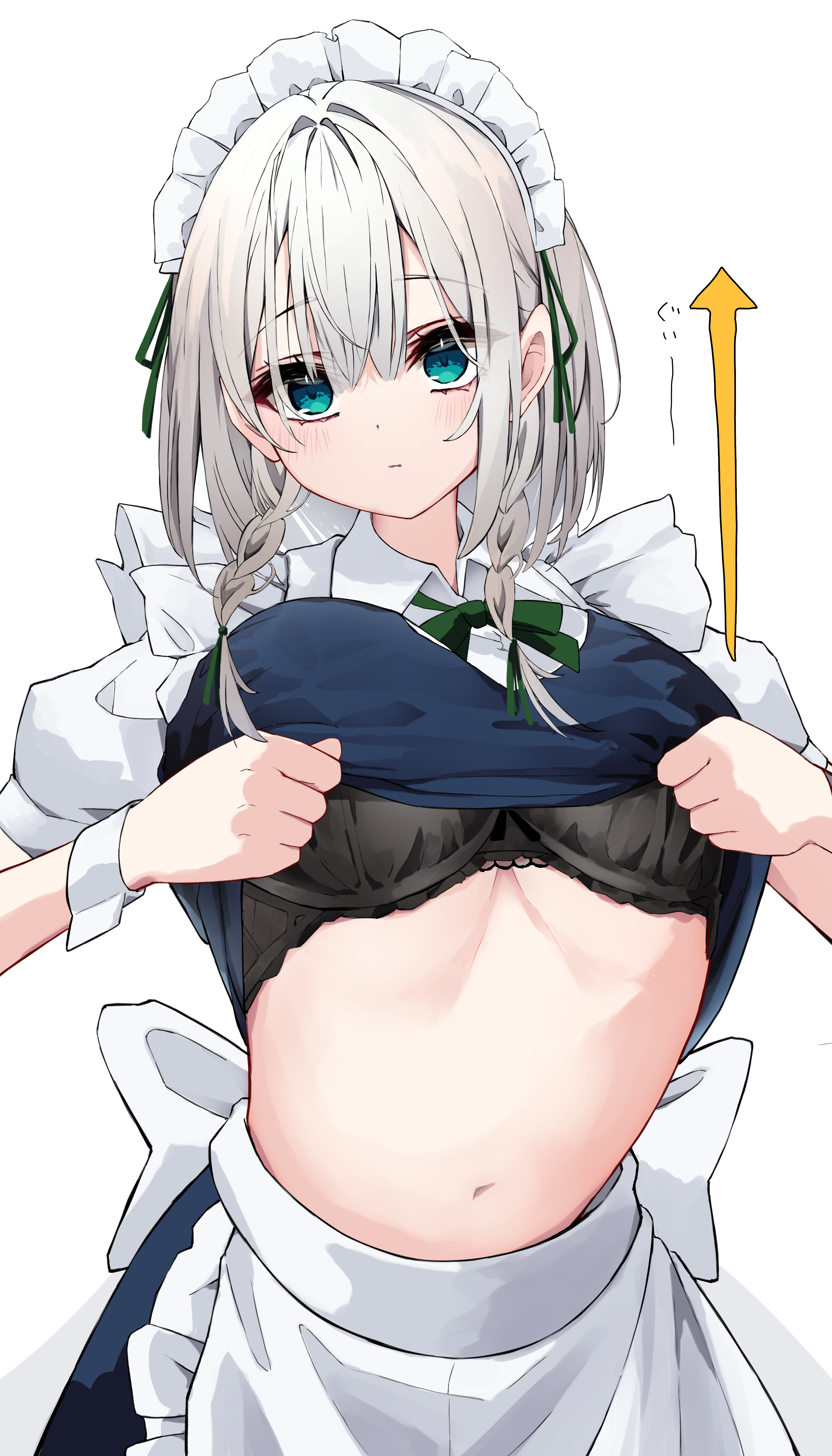 hira-san, izayoi sakuya, touhou, absurdres, bad source, commentary request, highres, translation request, 1girl, apron, arrow (symbol), back bow, black bra, blue eyes, blue skirt, blue vest, bow, bowtie, bra, braid, breasts, closed mouth, clothes lift, collared shirt, cowboy shot, expressionless, green bow, green bowtie, grey hair, hair bow, lifting own clothes, looking at viewer, maid headdress, navel, puffy short sleeves, puffy sleeves, shirt, shirt lift, short hair, short sleeves, skirt, solo, sound effects, twin braids, underwear, vest, white apron, white background, white bow, white shirt, wrist cuffs