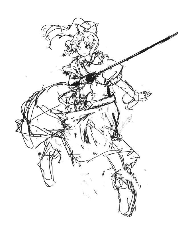 binayu, watatsuki no yorihime, touhou, 1girl, dress, female focus, full body, greyscale, high ponytail, monochrome, ponytail, sketch, solo, white background