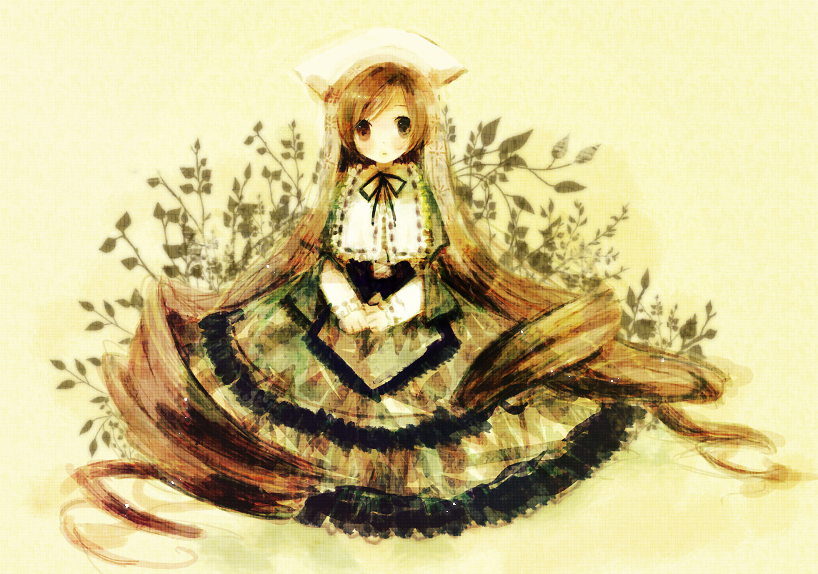 kashiwaba hisano, suiseiseki, rozen maiden, bad id, bad pixiv id, 00s, 1girl, absurdly long hair, brown hair, dress, drill hair, female focus, full body, hat, headscarf, heterochromia, long hair, looking at viewer, solo, very long hair, white headscarf