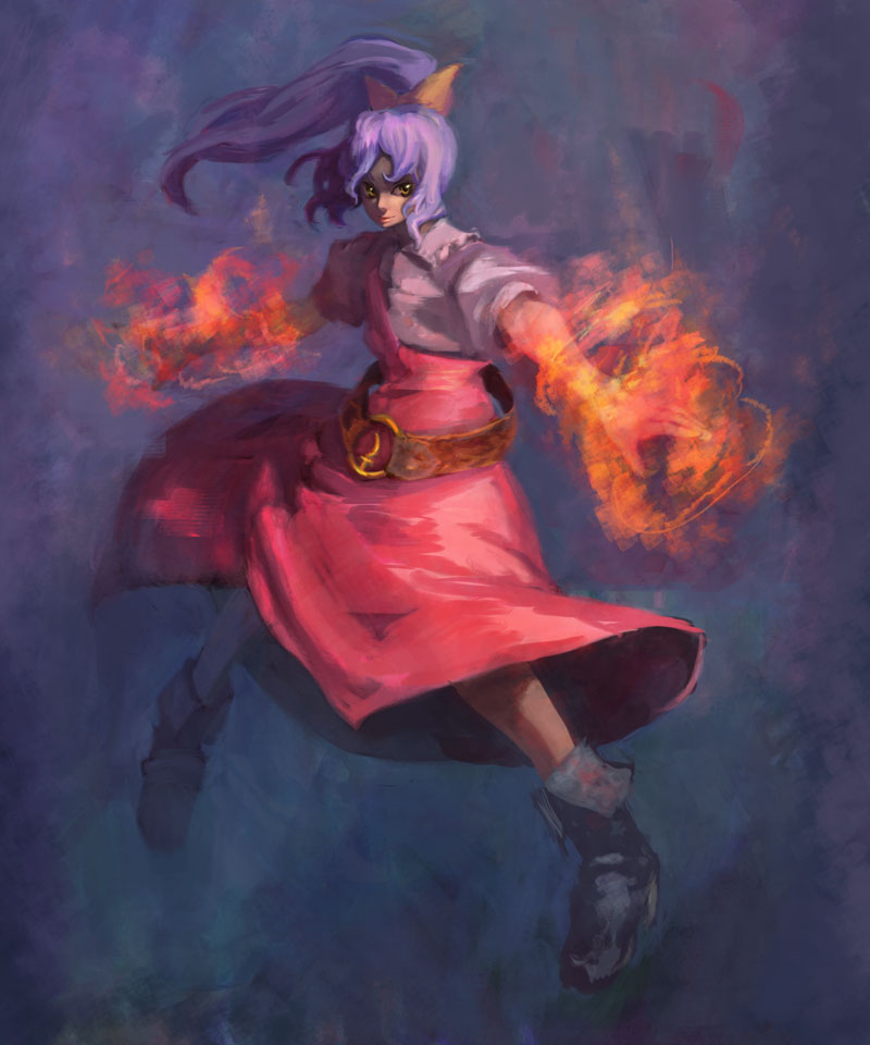 binayu, watatsuki no yorihime, silent sinner in blue, touhou, touhou bougetsushou, 1girl, female focus, fire, full body, hair ribbon, high ponytail, ponytail, purple hair, ribbon, solo, standing, yellow eyes