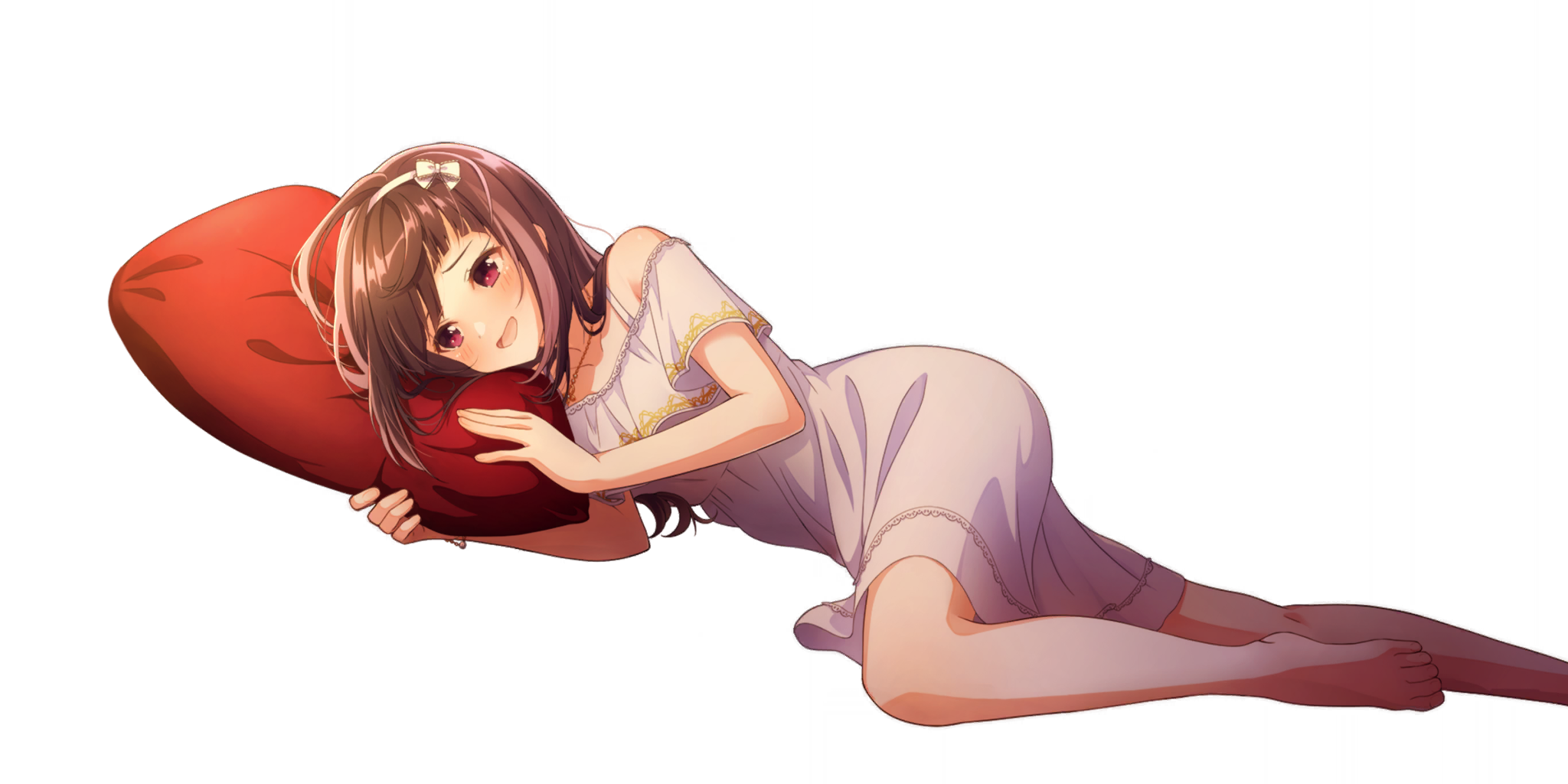 garnet (lapis re:lights), lapis re:lights, game cg, highres, official art, third-party source, 1girl, bare legs, barefoot, blush, bow, bow hairband, brown hair, dot nose, dress, frilled bow, frills, hairband, head on pillow, long hair, lying, off-shoulder dress, off shoulder, on side, open mouth, pillow, purple eyes, simple background, smile, solo, transparent background, white bow, white dress, white hairband