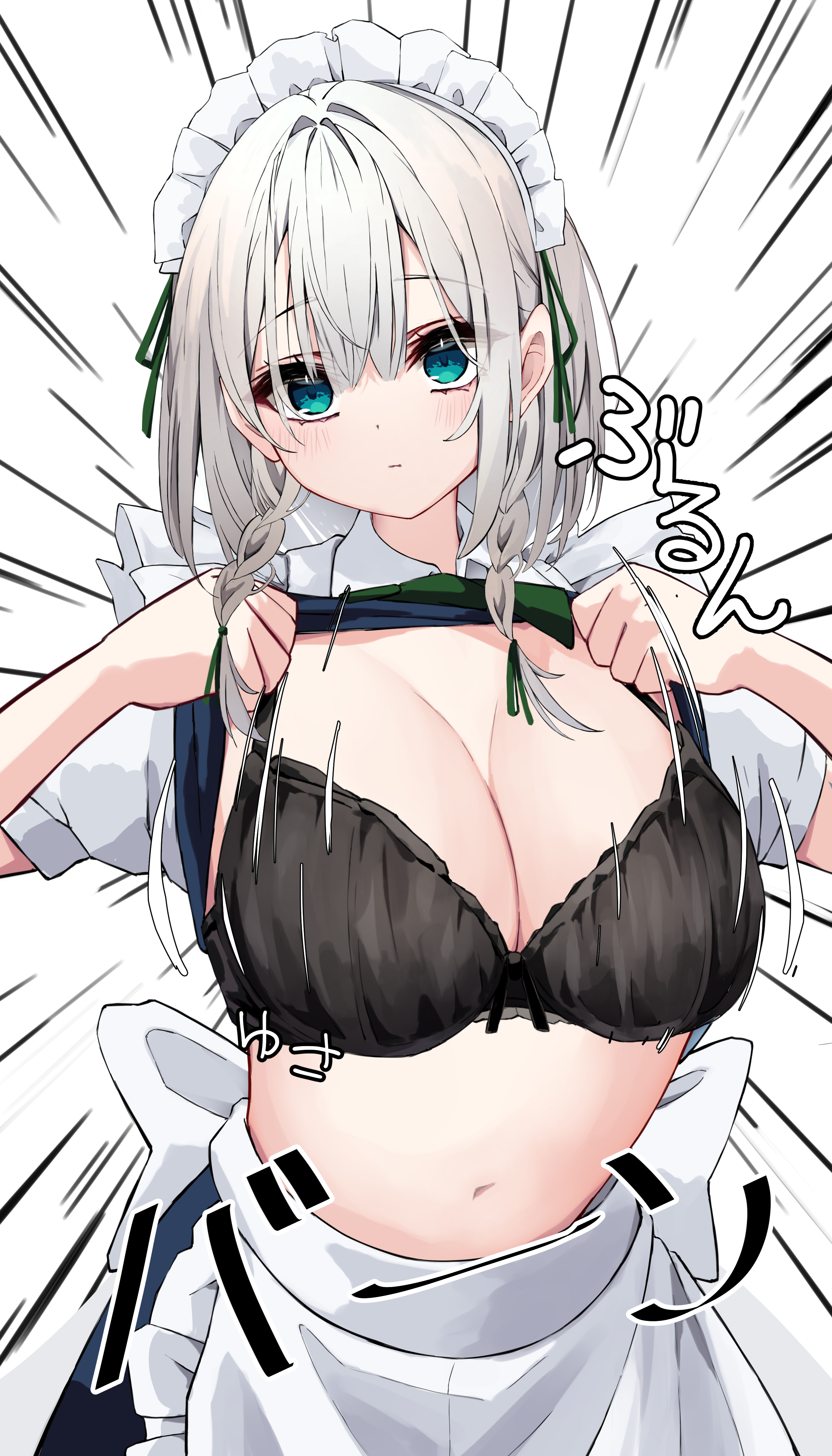 hira-san, izayoi sakuya, touhou, absurdres, bad source, commentary request, highres, translation request, 1girl, apron, back bow, black bra, blue eyes, blue skirt, blue vest, bow, bowtie, bra, braid, breasts, cleavage, closed mouth, clothes lift, collared shirt, cowboy shot, emphasis lines, expressionless, green bow, green bowtie, grey hair, hair bow, large breasts, lifting own clothes, looking at viewer, maid headdress, motion lines, navel, puffy short sleeves, puffy sleeves, shirt, shirt lift, short hair, short sleeves, skirt, solo, sound effects, twin braids, underwear, vest, white apron, white background, white bow, white shirt