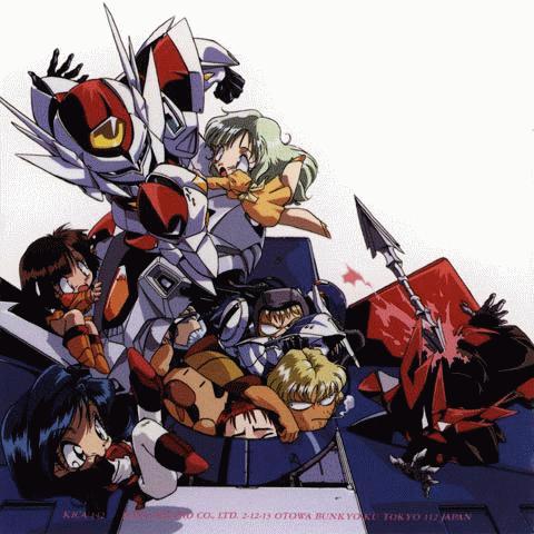 aiba miyuki, aiba takaya, heinrich van freeman, kabuto kouji, kisaragi aki, miletta lelouch, noal vereuse, tekkaman evil, tekkaman blade, lowres, 1990s (style), 2boys, 3girls, chibi, mecha, multiple boys, multiple girls, retro artstyle, robot, super robot