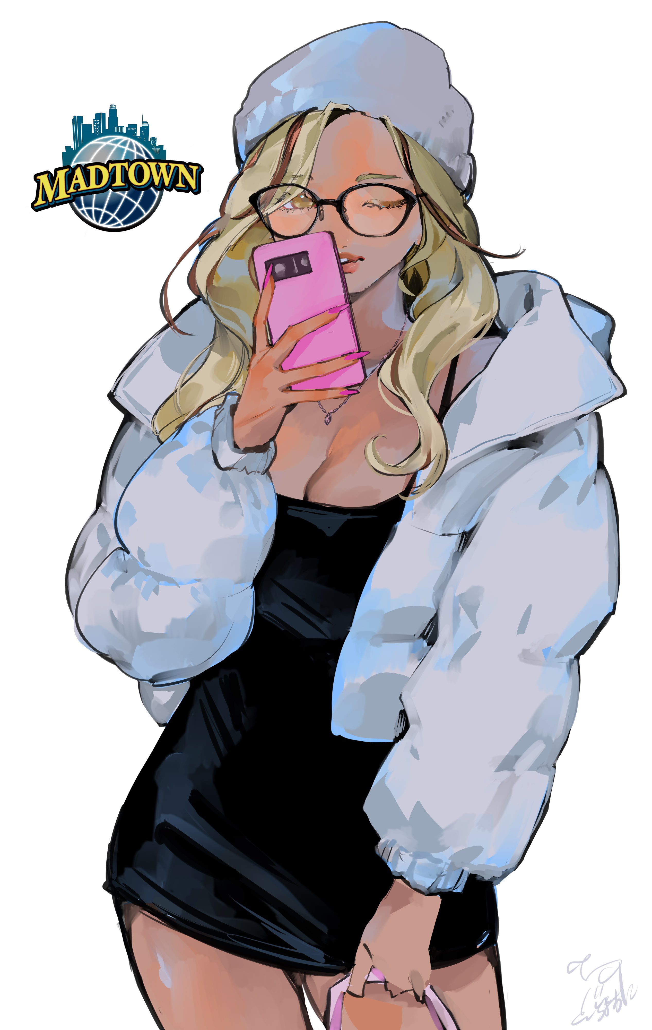 zoramaruta, kaminari qpi, madtown gta, vspo!, absurdres, commentary request, highres, 1girl, bespectacled, black-framed eyewear, black dress, blonde hair, breasts, cellphone, cleavage, cowboy shot, dark-skinned female, dark skin, down jacket, dress, fingernails, glasses, holding, holding phone, jacket, jewelry, long fingernails, long hair, nail polish, necklace, one eye closed, open clothes, open jacket, parted lips, phone, pink nails, red lips, signature, simple background, solo, spaghetti strap, white background, white jacket, yellow eyes