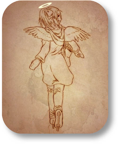 aaru sentou shuudan, hikari (haibane renmei), haibane renmei, 00s, 1girl, angel wings, back, bow, brown theme, coat, female focus, from behind, glasses, hair bow, halo, hood, ice skates, light smile, lineart, long hair, looking back, mittens, monochrome, pants, pince-nez, ponytail, rounded corners, scarf, shadow, skates, smile, solo, standing, traditional halo, wings