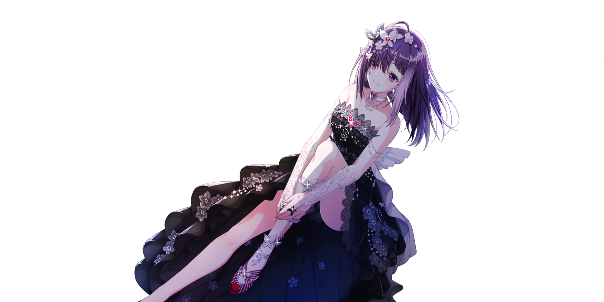 garnet (lapis re:lights), lapis re:lights, game cg, highres, official art, third-party source, 1girl, ahoge, anklet, bare shoulders, black dress, breasts, butterfly brooch, butterfly hair ornament, choker, closed mouth, dress, earrings, floral print, floral print dress, flower, hair flower, hair ornament, high heels, jewelry, legs, long hair, medium breasts, print dress, pumps, purple eyes, purple hair, red shoes, shoes, simple background, sitting, smile, solo, strapless, strapless dress, transparent background, white choker, white flower