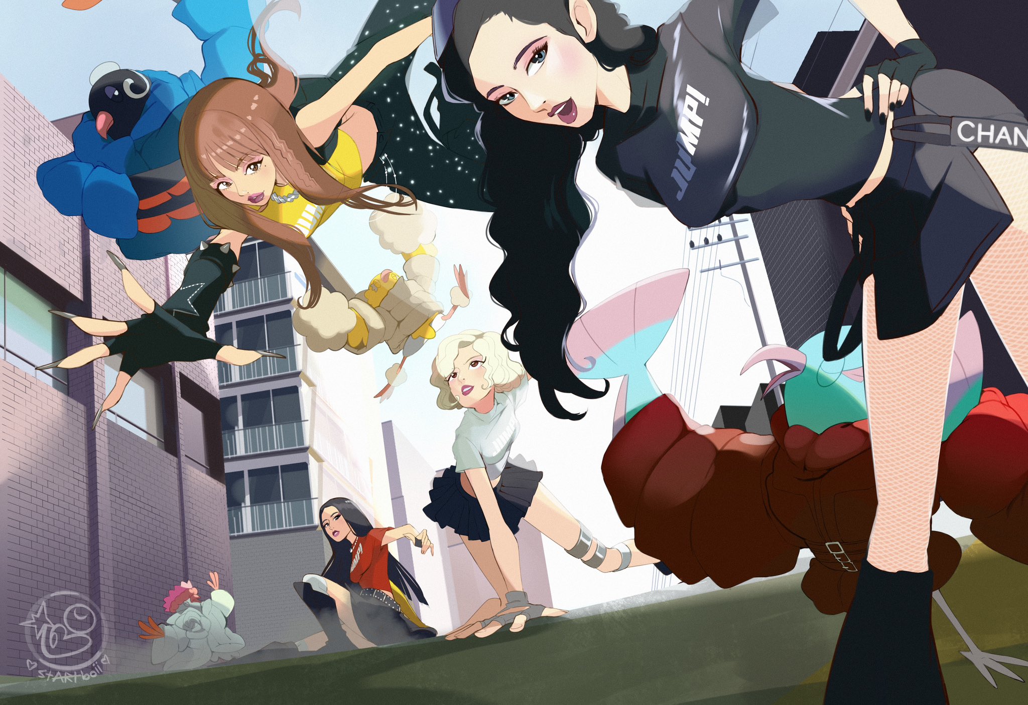startboii, jennie (blackpink), jisoo (blackpink), lisa (blackpink), rose (blackpink), blackpink, pokemon, character request, commission, highres, 4girls, black hair, black nails, black shirt, black skirt, blonde hair, blunt bangs, braid, brown hair, eyeshadow, fingerless gloves, fingernails, fishnet pantyhose, fishnets, gloves, hand on ground, hands on own hips, long fingernails, long hair, looking at viewer, makeup, mole, multiple girls, outdoors, pantyhose, pokemon (creature), red shirt, shirt, skirt, smile, utility pole, watermark, yellow shirt