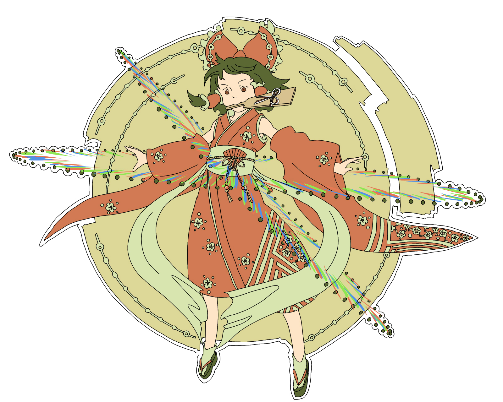 uewtsol, hakurei reimu, touhou, highres, 1girl, danmaku, detached sleeves, female focus, flat color, full body, japanese clothes, miko, mouth hold, simple background, solo, white background