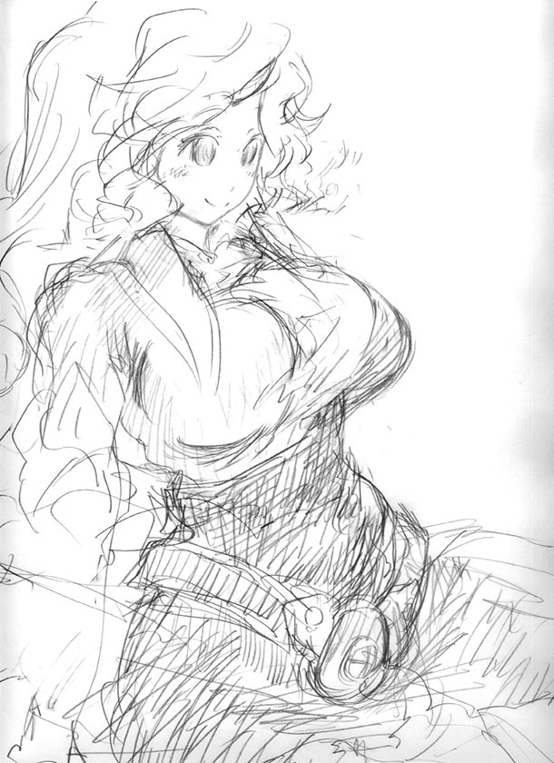 binayu, watatsuki no toyohime, silent sinner in blue, touhou, touhou bougetsushou, 1girl, breasts, female focus, greyscale, large breasts, monochrome, off shoulder, sketch, solo, white background