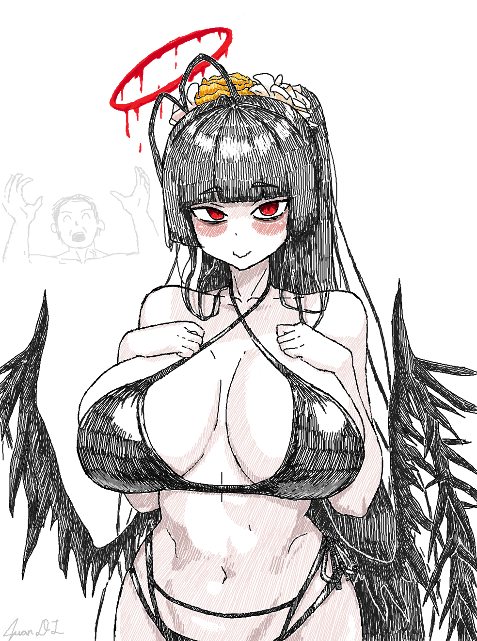 canned juan, sensei (blue archive), tsurugi (blue archive), tsurugi (swimsuit) (blue archive), blue archive, commentary, english commentary, highres, microsoft paint (medium), 1boy, 1girl, bikini, black bikini, black hair, black wings, blood, blood halo, closed mouth, flower, hair flower, hair ornament, halo, liquid halo, long hair, looking at viewer, low wings, navel, official alternate costume, official alternate hairstyle, pale skin, red eyes, red halo, smile, swimsuit, white flower, wings, yellow flower