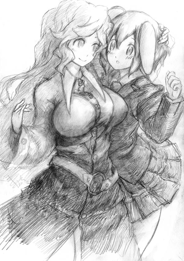 binayu, reisen, watatsuki no toyohime, touhou, 2girls, animal ears, breasts, female focus, greyscale, hand on another's head, large breasts, long hair, monochrome, multiple girls, rabbit ears, raised eyebrows, short hair, sketch, skirt, white background