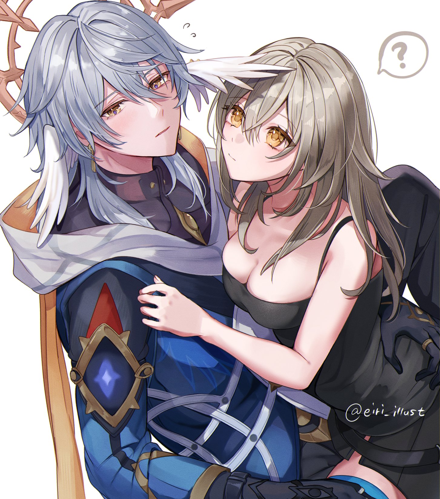 eiri illust, stelle (honkai: star rail), sunday (honkai: star rail), trailblazer (honkai: star rail), honkai: star rail, honkai (series), commentary, hashtag-only commentary, highres, 1boy, 1girl, ?, black gloves, black skirt, black tank top, blue hair, breast press, breasts, closed mouth, earrings, gloves, gold earrings, gold halo, grey hair, hair between eyes, halo, halo behind head, hand on another's cheek, hand on another's face, hand on another's thigh, hand on another's waist, head wings, hetero, jewelry, light blush, long hair, long sleeves, looking at another, looking at viewer, medium breasts, parted lips, ring, simple background, skirt, sleeveless, spoken question mark, tank top, thigh strap, twitter username, white background, wings, yellow eyes