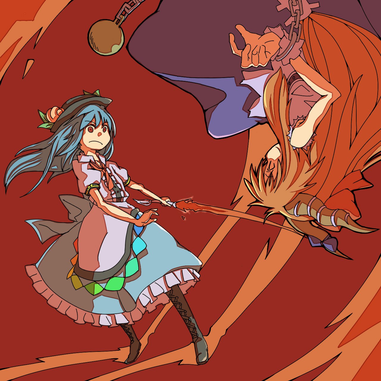 uewtsol, hinanawi tenshi, ibuki suika, scarlet weather rhapsody, touhou, highres, 2girls, battle, blue hair, boots, female focus, hat, horns, multiple girls, oni, orange hair, red eyes, sword, sword of hisou, upside-down, weapon