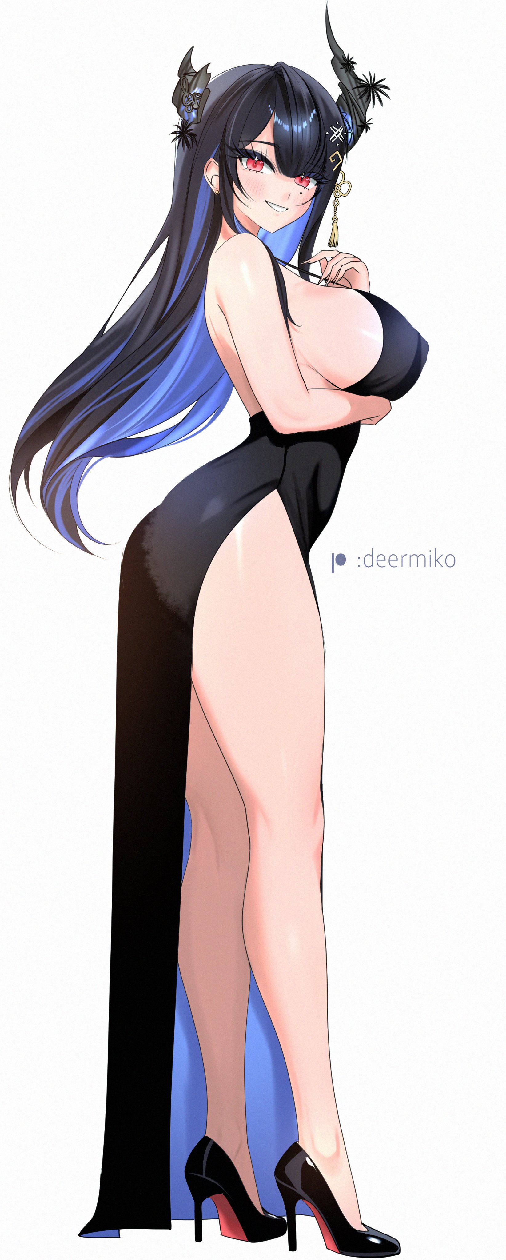 deermiko, nerissa ravencroft, hololive, hololive english, absurdres, highres, 1girl, asymmetrical horns, black dress, black hair, blue hair, breasts, colored inner hair, dress, full body, high heels, horns, large breasts, long hair, looking at viewer, mole, mole under eye, multicolored hair, purple eyes, side slit, sideboob, simple background, slit pupils, solo, standing, straight hair, uneven horns, very long hair, virtual youtuber, white background