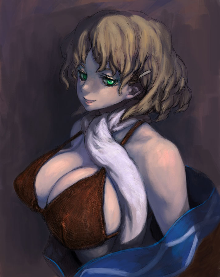 binayu, mizuhashi parsee, touhou, 1girl, blonde hair, bra, breasts, cleavage, female focus, gradient background, green eyes, huge breasts, large breasts, off shoulder, scarf, short hair, solo, underwear, upper body
