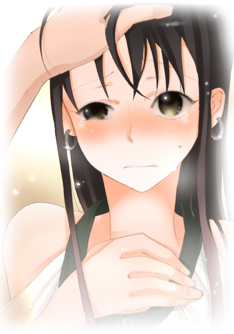saikawa yusa, koga norio, narutaru, 1boy, black hair, blush, crossdressing, crossdressing (mtf), detached sleeves, earrings, fog, grimace, headpat, jewelry, long hair, solo focus, steam, trap