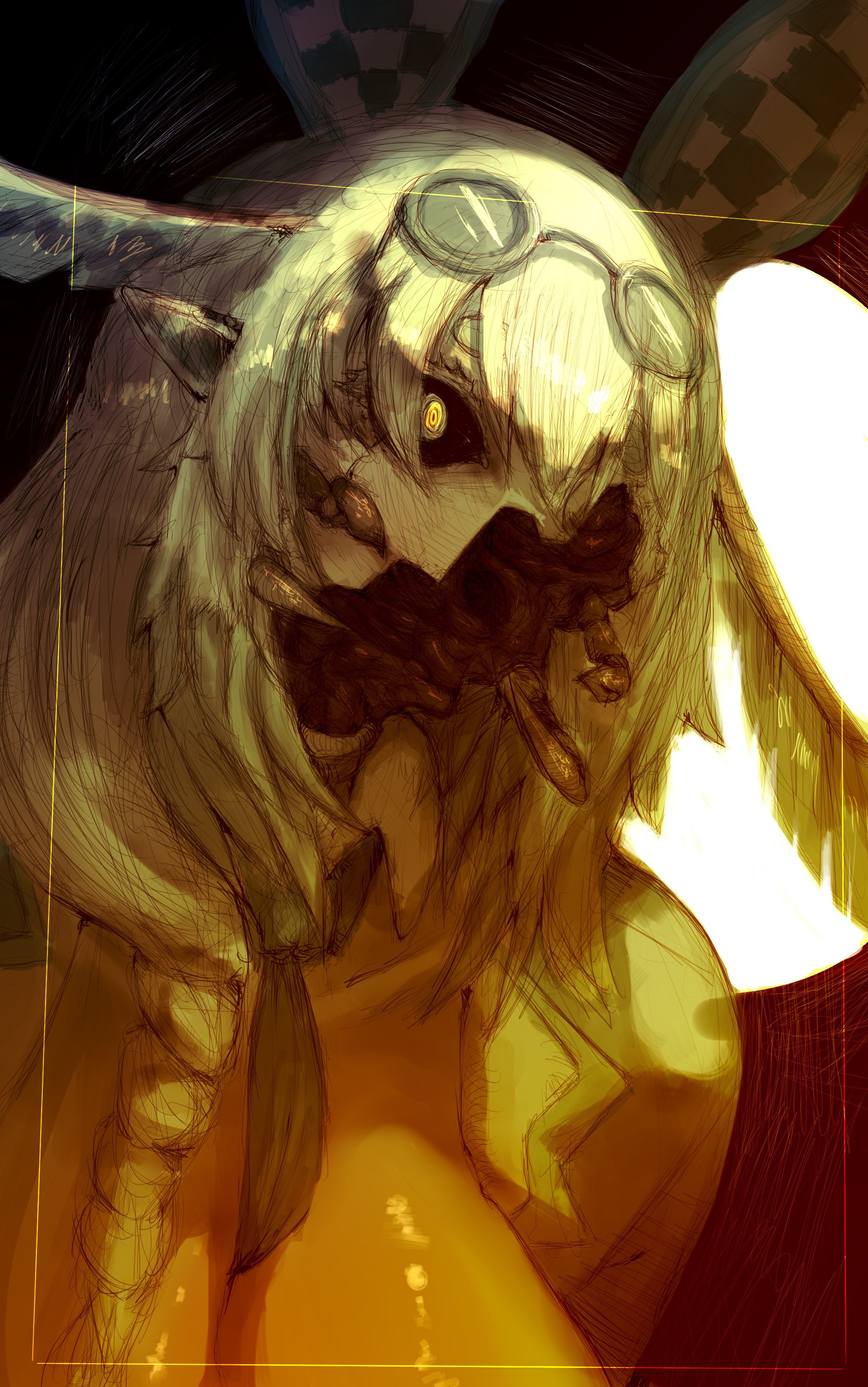 lulnger, juniper actias, indie virtual youtuber, absurdres, commentary, english commentary, highres, 1girl, antennae, arthropod girl, bifurcated jaw, black sclera, breasts, carapace, chitin, colored sclera, hair between eyes, insect girl, large breasts, long hair, mandibles, monster girl, moth antennae, moth girl, pointy ears, portrait, ringed eyes, shiny skin, solo, virtual youtuber, white hair, yellow eyes, yellow theme