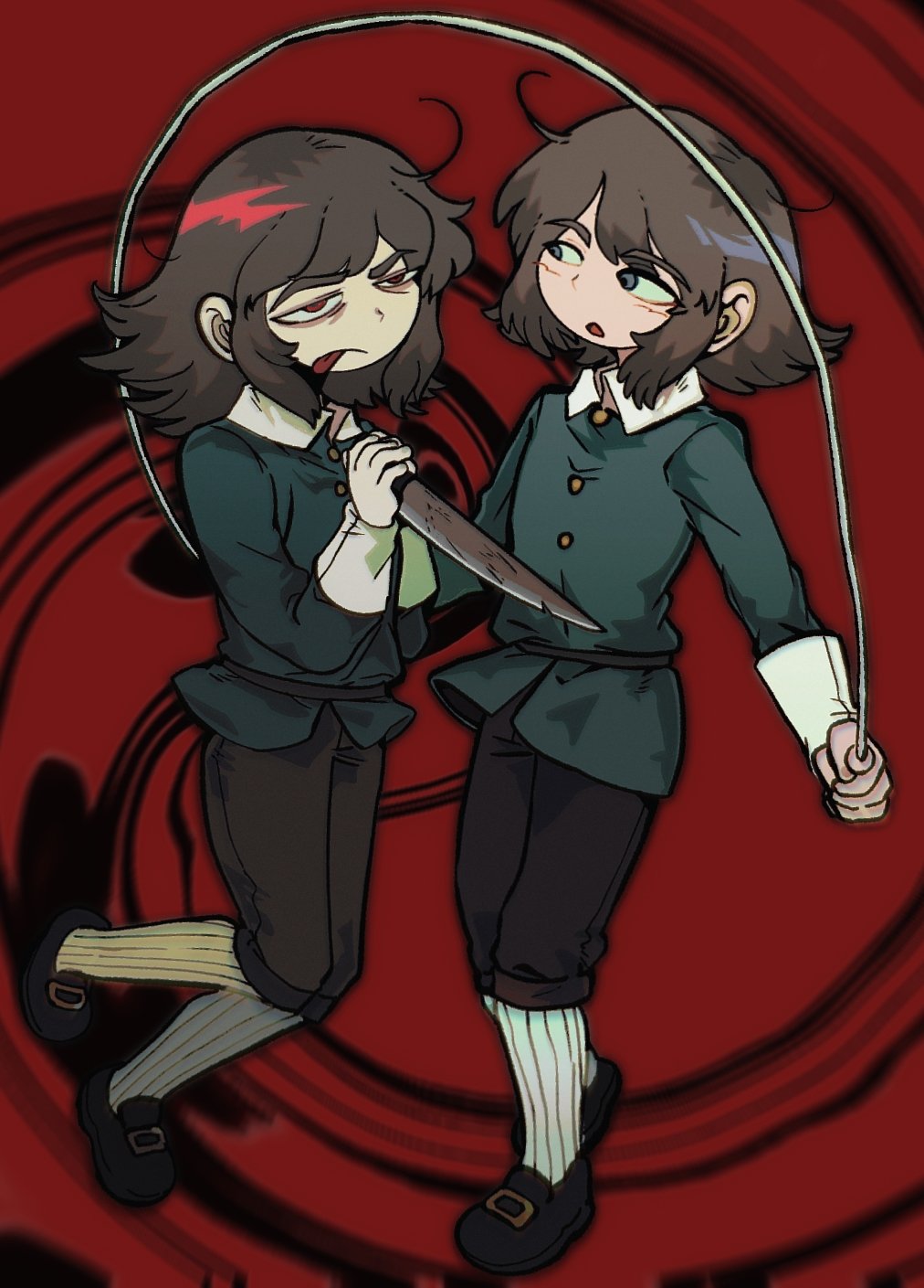 highres, 2boys, abaddon (haunted hotel), abaddon (human) (haunted hotel), blue coat, blue eyes, brown hair, coat, haunted hotel, holding, holding jump rope, holding knife, jump rope, knife, long hair, looking at another, male focus, molechi1, multiple boys, priest's son (haunted hotel), red background, red eyes, short hair, tongue, tongue out
