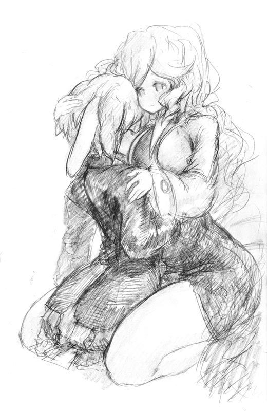binayu, reisen, watatsuki no toyohime, touhou, 2girls, animal ears, breasts, dress, female focus, greyscale, hand on another's head, large breasts, long hair, monochrome, multiple girls, rabbit ears, short hair, sketch, white background