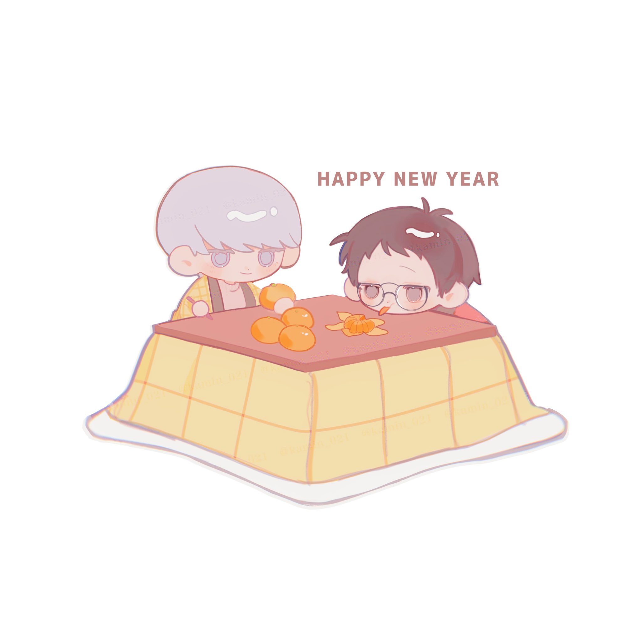 adachi tooru, narukami yu, persona, persona 4, commentary request, highres, 2boys, brown hair, closed mouth, english text, food, food in mouth, fruit, glasses, grey eyes, grey hair, happy new year, holding, holding food, holding fruit, holding orange, kamin 021, kotatsu, male focus, multiple boys, new year, orange (fruit), orange slice, short hair, simple background, table, white background