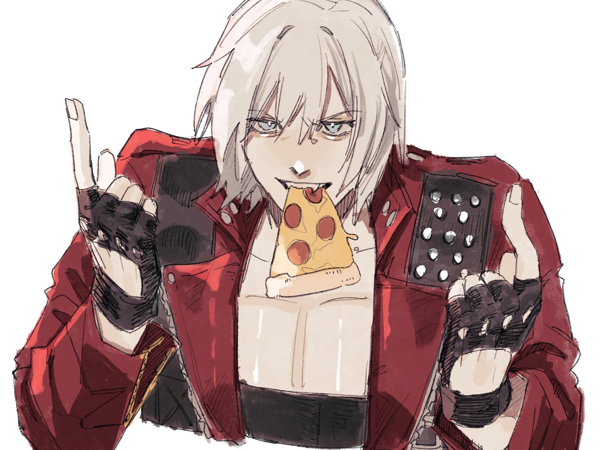 dante (devil may cry), devil may cry, devil may cry (series), devil may cry 3, highres, 1boy, black gloves, blue eyes, chest strap, coat, fingerless gloves, food, food in mouth, furrowed brow, gloves, hair between eyes, hakari dance, male focus, meme, pectorals, pizza, pizza slice, red coat, short hair, smile, solo, upper body, white background, white hair, yu 0716