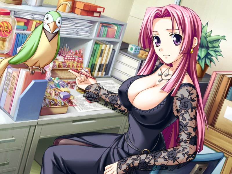 shironeko sanbou, ooeyama inori, tsuyokiss, game cg, 1girl, bird, breasts, candy, cleavage, covered erect nipples, desk, dress, earrings, female focus, food, jewelry, large breasts, long hair, necklace, pantyhose, parrot, pen, pink hair, purple eyes, smile, solo