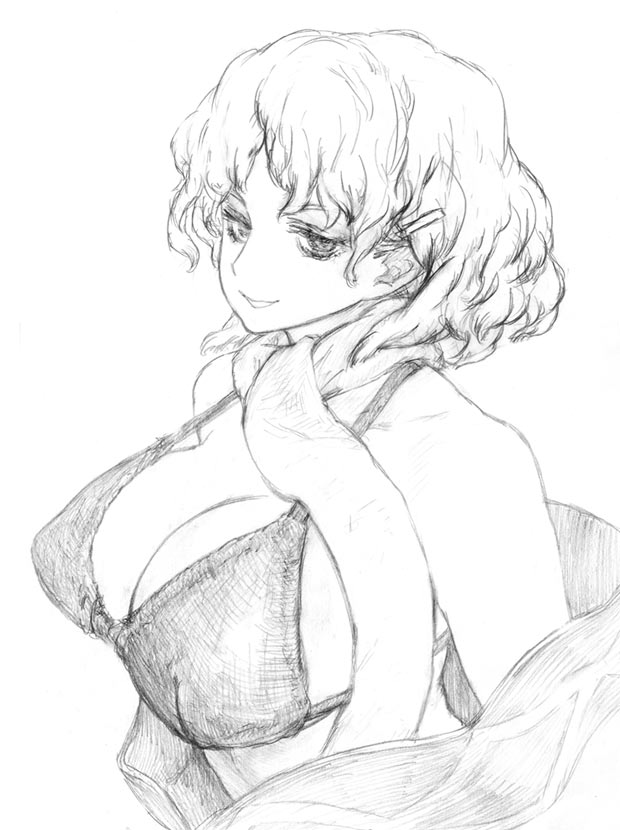 binayu, mizuhashi parsee, touhou, 1girl, bra, breasts, cleavage, female focus, greyscale, large breasts, monochrome, scarf, short hair, sketch, solo, underwear, upper body, white background