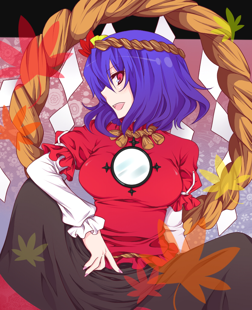shino (mijinko), yasaka kanako, touhou, bad id, bad pixiv id, 1girl, autumn leaves, breasts, brooch, dress, female focus, gem, jewelry, large breasts, leaf, looking at viewer, looking to the side, purple hair, red dress, red eyes, rope, short hair, solo