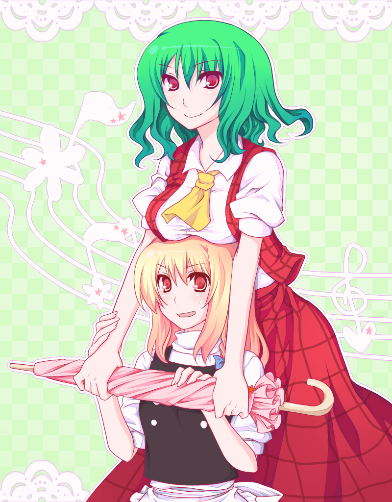 shino (mijinko), kazami yuuka, kirisame marisa, touhou, bad id, bad pixiv id, 2girls, ascot, blonde hair, breast rest, breasts, breasts on head, closed umbrella, female focus, green hair, large breasts, multiple girls, musical note, musical staff, no headwear, plaid clothes, plaid skirt, plaid vest, red eyes, short hair, skirt, skirt set, smile, umbrella, vest
