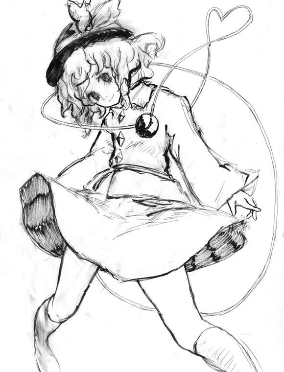 binayu, komeiji koishi, touhou, 1girl, female focus, greyscale, hat, head tilt, monochrome, short hair, sketch, skirt, solo, white background