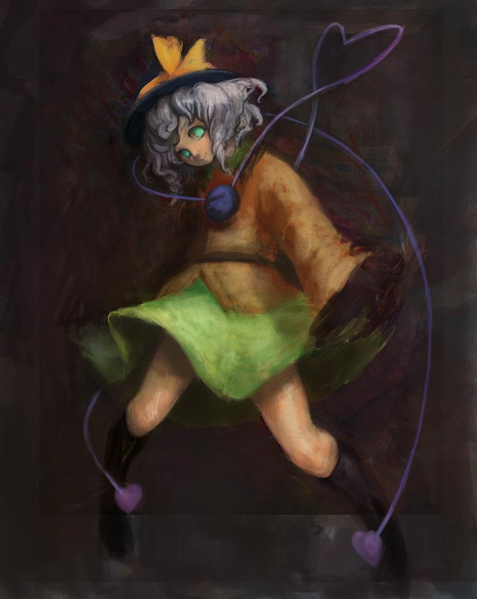binayu, komeiji koishi, touhou, silver hair, 1girl, black boots, black hat, boots, female focus, green eyes, hat, head tilt, heart, heart of string, ribbon, short hair, solo
