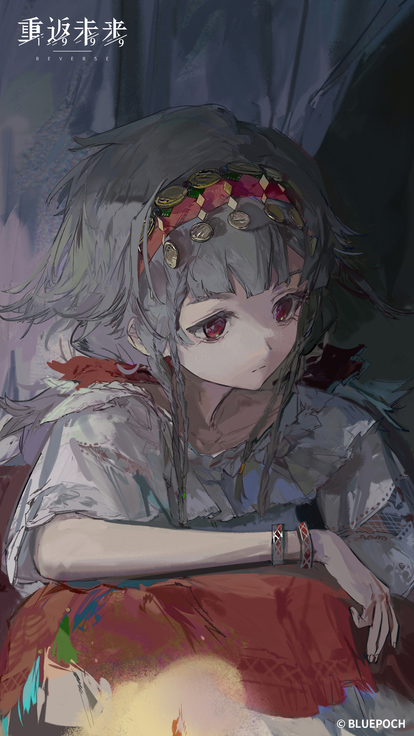 rubuska, reverse:1999, absurdres, highres, official art, official wallpaper, 1girl, :|, bracelet, closed mouth, copyright name, copyright notice, curtains, grey hair, hairband, jewelry, logo, long hair, looking to the side, low twintails, red eyes, red hairband, shirt, short sleeves, solo, train interior, twintails, upper body, white shirt