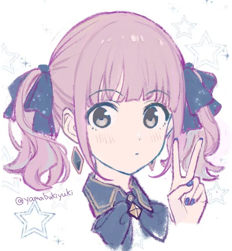 yamabukiyuki, hina (girls band cry), girls band cry, chinese commentary, commentary request, revision, 1girl, blue nails, closed mouth, cropped head, earrings, flat color, grey eyes, jewelry, nail polish, pink hair, portrait, short hair, short twintails, solo, star (symbol), twintails, twitter username, v, white background