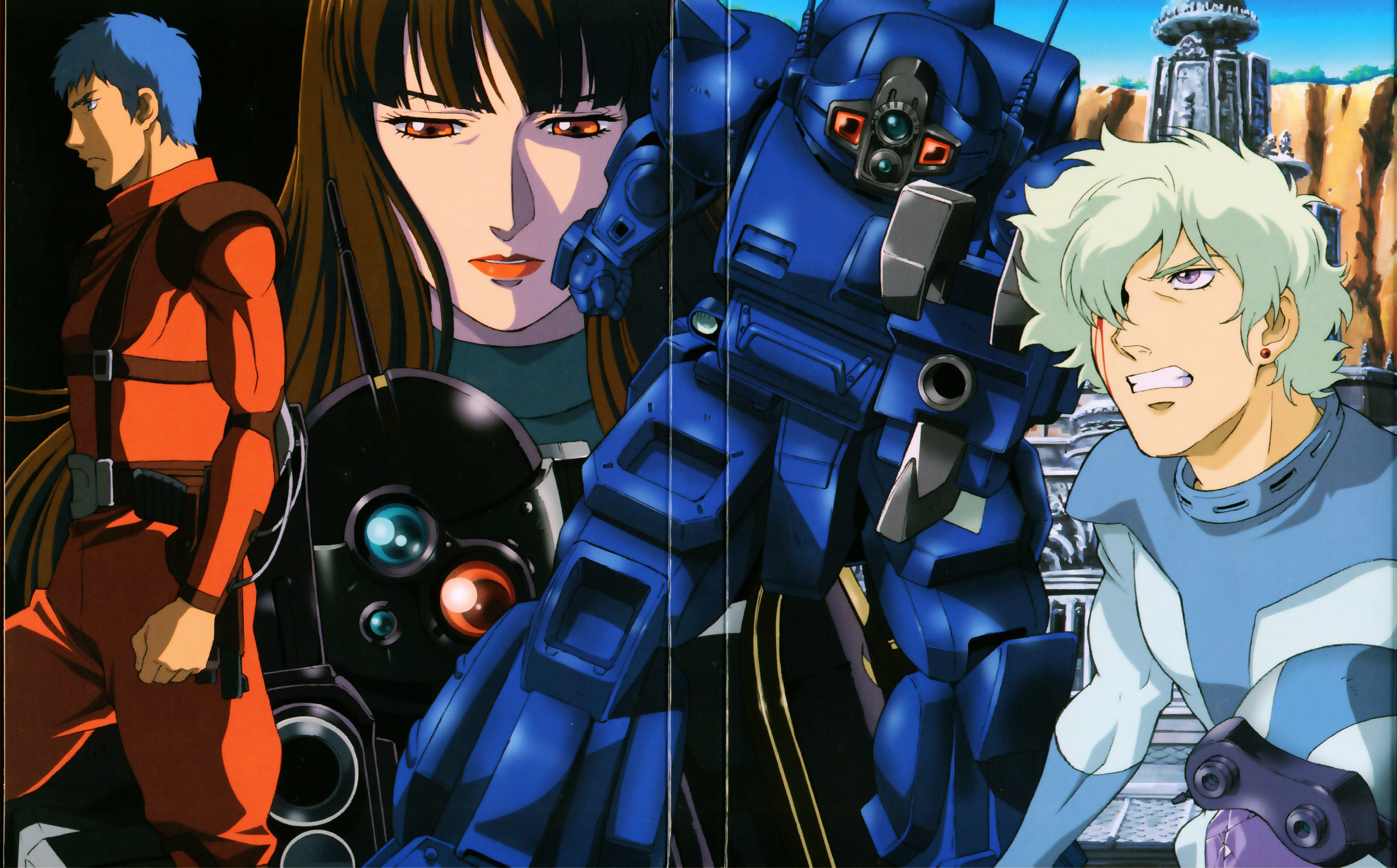 berserga, chirico cuvie, fiana, strikedog, ypsilon, soukou kihei votoms, highres, scan, 1girl, 2boys, blood, mecha, multiple boys, retro artstyle, robot