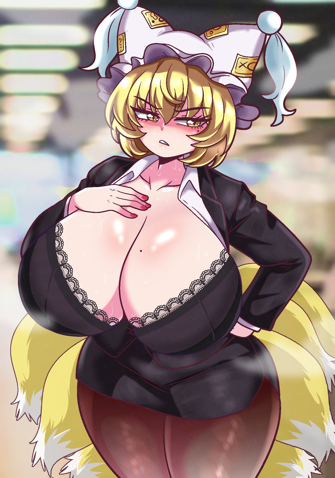 seireiart, yakumo ran, touhou, commentary, english commentary, highres, 1girl, alternate costume, animal hat, black bra, black jacket, black skirt, blonde hair, blurry, blurry background, bra, breasts, brown pantyhose, cleavage, collarbone, cowboy shot, eyelashes, fingernails, fox tail, hand on own chest, hand on own hip, hat, huge breasts, indoors, jacket, legs together, long sleeves, looking at viewer, miniskirt, mole, mole on breast, mole under eye, multiple tails, office lady, ofuda, ofuda on clothes, pantyhose, pencil skirt, red nails, shirt, short hair, skirt, solo, standing, steaming body, sweat, tail, tassel, teeth, underwear, v-shaped eyebrows, white hat, white shirt, yellow eyes