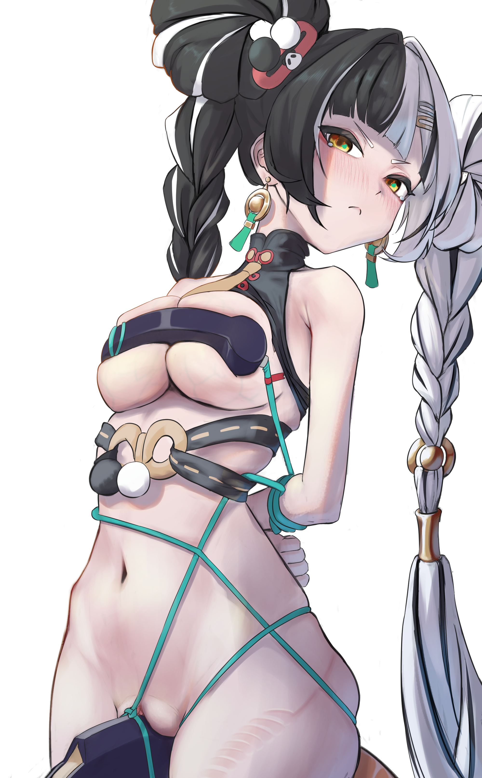 kaba (hama), dialyn (zenless zone zero), zenless zone zero, absurdres, highres, 1girl, arms behind back, bdsm, black hair, bound, bound arms, breasts, corded phone, earrings, jewelry, large breasts, looking at viewer, multicolored hair, navel, phone, pussy, simple background, solo, stomach, twintails, two-tone hair, white background, white hair, wire, yellow eyes