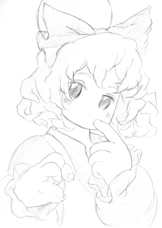 binayu, kurodani yamame, touhou, 1girl, bad anatomy, bad hands, female focus, greyscale, hair ribbon, monochrome, poorly drawn, ribbon, sketch, solo, upper body, white background