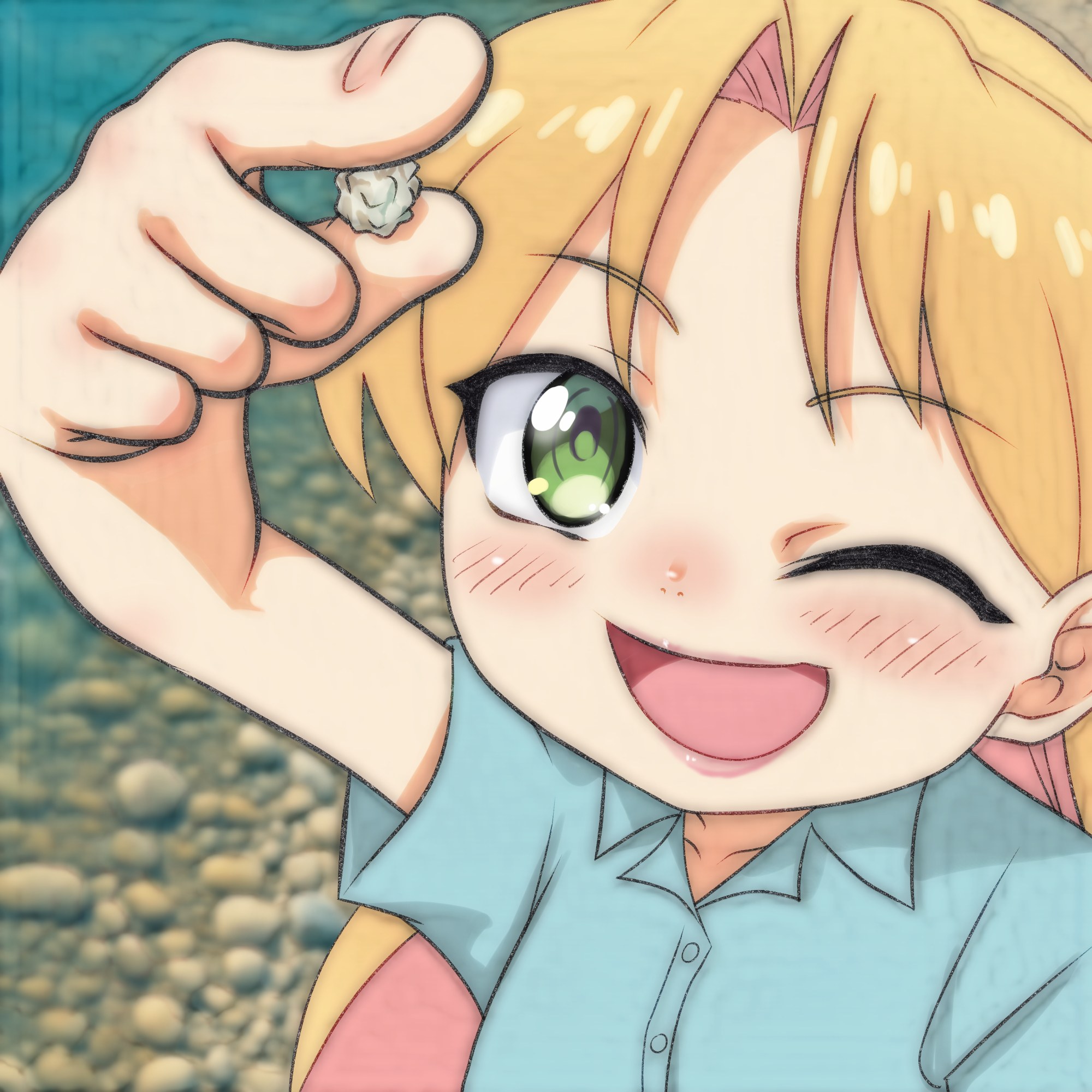 t jiroo (ringofriend), tanigawa ruri, ruri no houseki, highres, 1girl, blonde hair, blue shirt, blush, collarbone, green eyes, holding, holding rock, long hair, looking at viewer, multicolored hair, one eye closed, open mouth, pink hair, rock, shirt, short sleeves, smile, two-tone hair, upper body, wink