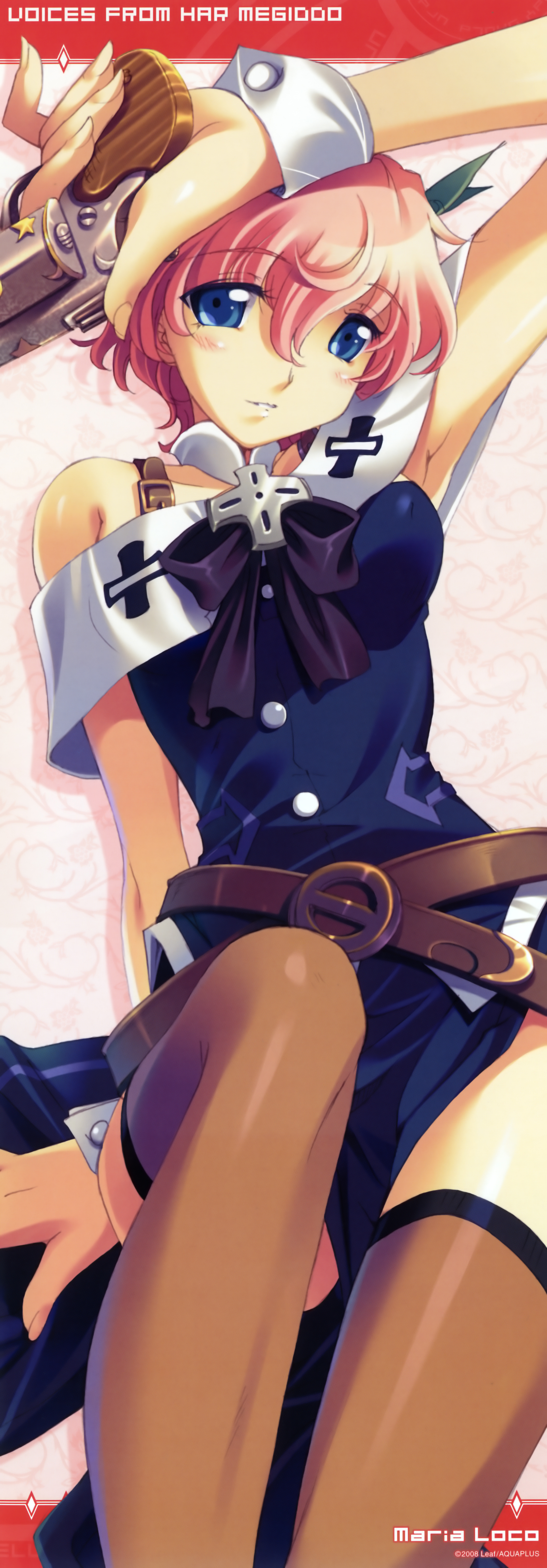 maria loco, kimi ga yobu megiddo no oka de, absurdres, highres, long image, tall image, 1girl, bare shoulders, blue eyes, breasts, female focus, gun, medium breasts, nipples, pink hair, short hair, solo, stick poster, thighhighs, weapon