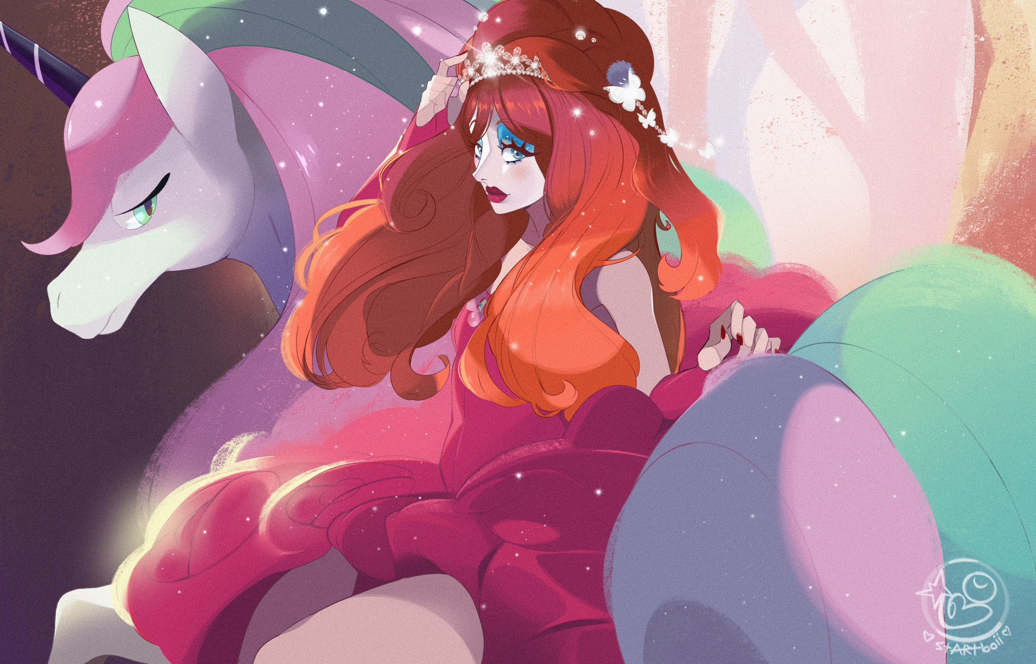 startboii, chappell roan, real life, character request, commentary, highres, 1girl, blue eyeshadow, chappell roan (person), closed mouth, crown, dress, eyelashes, eyeshadow, fake eyelashes, glint, green eyes, horns, long hair, looking at viewer, makeup, orange hair, red dress, red hair, red lips, single horn, unicorn, watermark