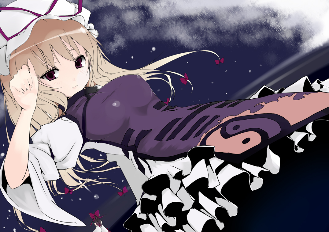 suzume miku, yakumo yukari, touhou, bad id, bad pixiv id, 1girl, blonde hair, breasts, covered erect nipples, female focus, hat, large breasts, nipples, solo
