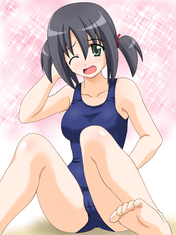 ponzu rui, nishizawa ayumu, hayate no gotoku!, bad id, bad pixiv id, 00s, 1girl, barefoot, black hair, blush, feet, female focus, green eyes, one-piece swimsuit, one eye closed, open mouth, school swimsuit, solo, swimsuit, twintails