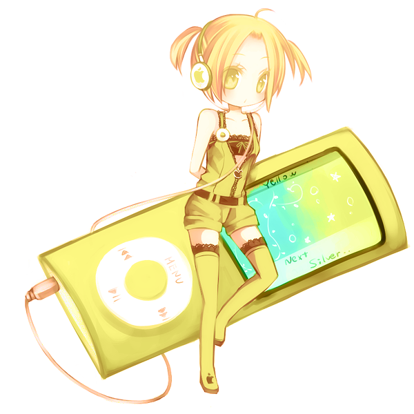aruya (flosrota), apple inc., bad id, bad pixiv id, apple, arms behind back, blonde hair, boots, digital media player, food, fruit, headphones, ipod, ipod nano, ipod nano 4g, mini person, minigirl, product girl, solo, thigh boots, thighhighs, yellow eyes