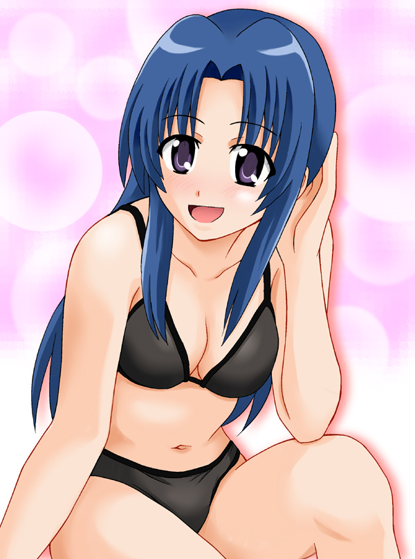 ponzu rui, kawashima ami, toradora!, bad id, bad pixiv id, 00s, 1girl, :d, bikini, black bikini, blue hair, blush, breasts, cleavage, female focus, large breasts, long hair, navel, open mouth, purple eyes, smile, solo, swimsuit