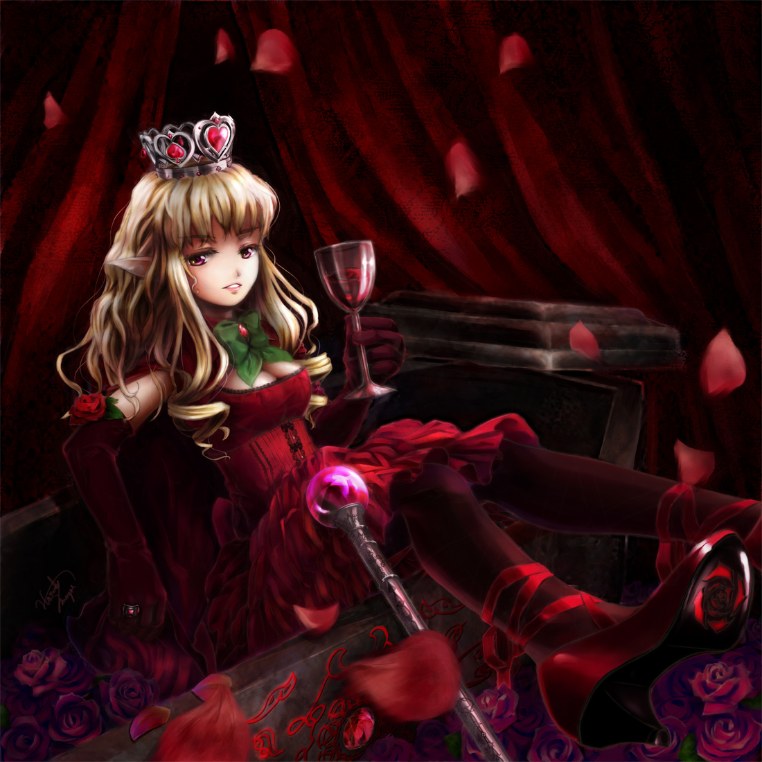 miyai haruki, original, bad id, bad pixiv id, 1girl, alcohol, blonde hair, bow, breasts, cleavage, coffin, crown, dress, elbow gloves, female focus, flower, gloves, long hair, medium breasts, pantyhose, petals, pointy ears, purple eyes, red dress, red shoes, red theme, rose, shoes, sitting, solo, wavy hair, wine