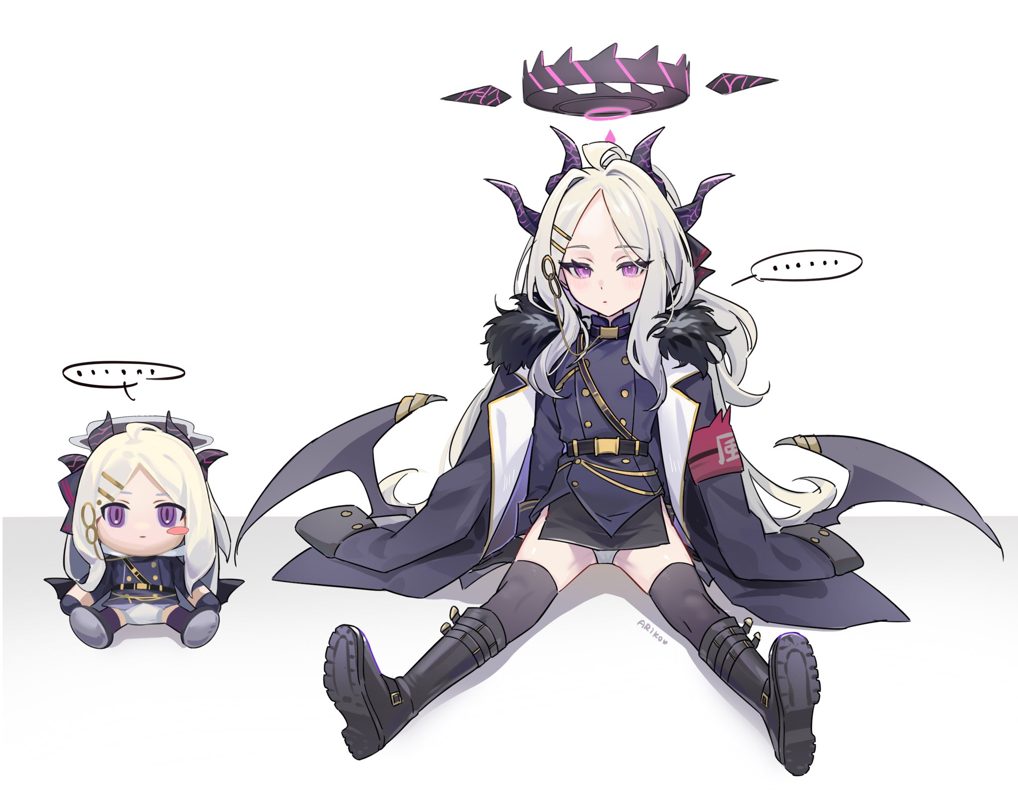 ariko (aaaaarik), hina (blue archive), blue archive, highres, …, 1boy, 1girl, ahoge, aiguillette, armband, bare hips, belt, black belt, black boots, black coat, black fur, black gloves, black halo, black pants, black skirt, black suit, black thighhighs, blush, boots, breasts, closed mouth, coat, coat on shoulders, demon girl, demon horns, demon tail, demon wings, double-parted bangs, formal clothes, full body, fumo (doll), fur-trimmed coat, fur trim, gloves, hair ornament, hairpin, halo, hand on ground, horns, long coat, long hair, long sidelocks, looking at viewer, low wings, multicolored coat, overcoat, panties, pants, pantyshot, pencil skirt, purple eyes, purple halo, red armband, shirt, sidelocks, sitting, skirt, small breasts, solo, speech bubble, spread legs, stuffed toy, suit, tail, thighhighs, underwear, very long hair, white coat, white hair, white panties, wings
