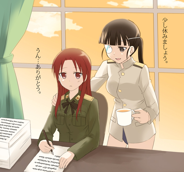 minna-dietlinde wilcke, sakamoto mio, strike witches, world witches series, translated, 00s, 2girls, cup, desk, eyepatch, military, military uniform, mug, multiple girls, pen, text focus, writing