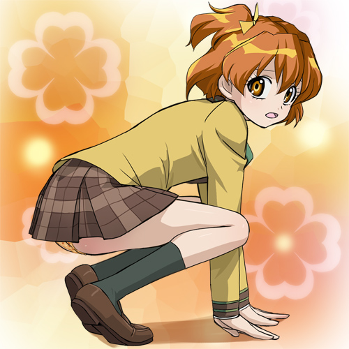 haruyama kazunori, yamabuki inori, fresh precure!, precure, lowres, 00s, 1girl, brown eyes, brown hair, eyelashes, female focus, miniskirt, panties, pantyshot, school uniform, skirt, solo, squatting, underwear