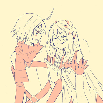 emil castagnier, marta lualdi, tales of (series), tales of symphonia, tales of symphonia: dawn of the new world, lowres, 00s, 1boy, 1girl, flower, hair flower, hair ornament, long hair, monochrome, pink theme, scarf, smile, yellow background